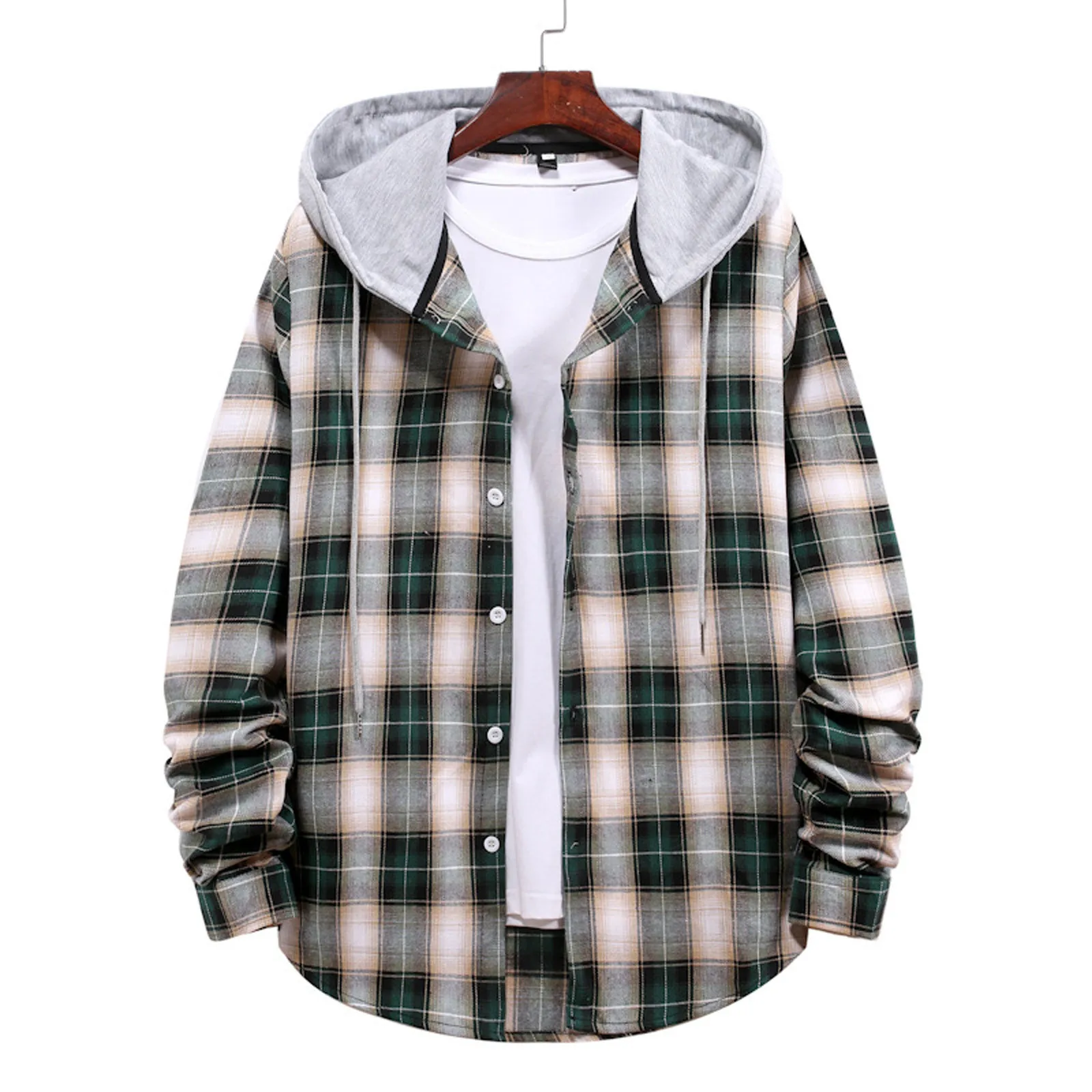 Men Casual Plaid Shirt Hooded Oversized Casual Men\'S Clothes European American Style Handsome Holiday Checked Shirts