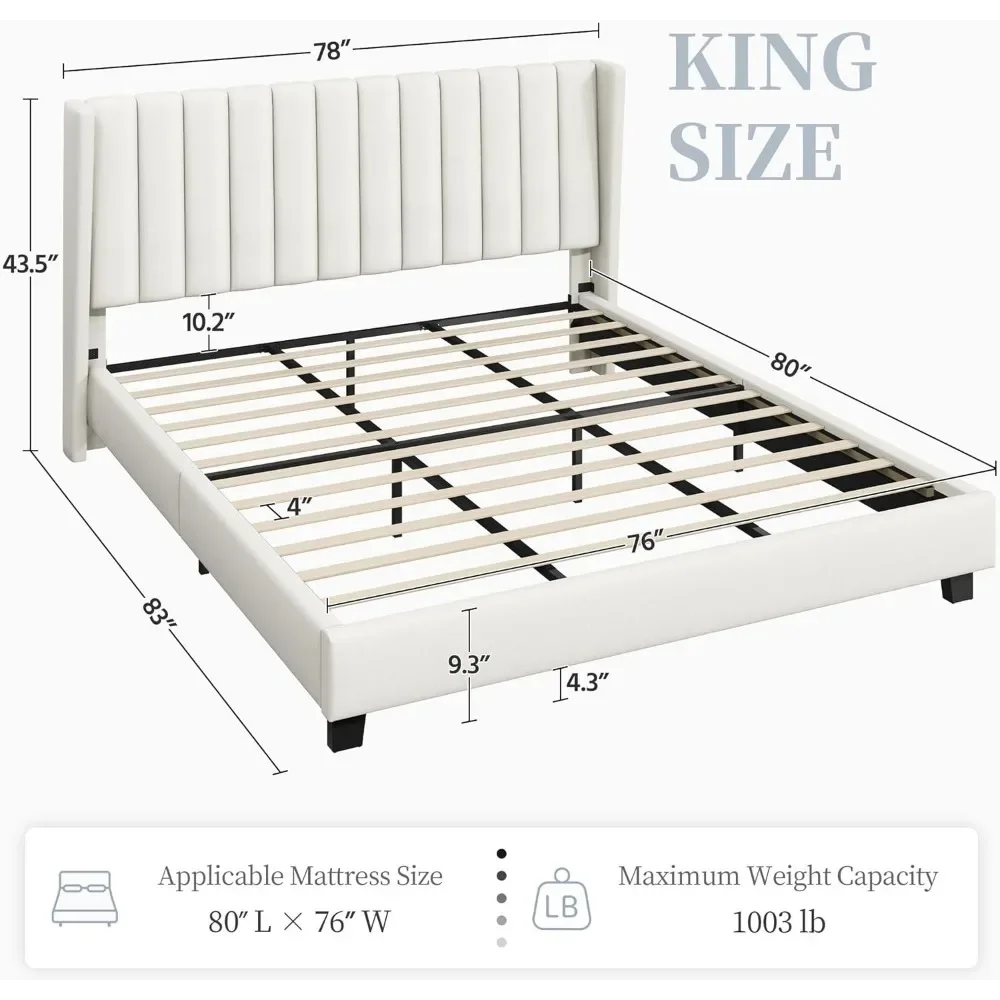 Łóżko z pełnymi bokami tapicerowane z łóżko King-size ramą z zagłówkiem z tkaniny, konstrukcja krawędzi skrzydła/antypoślizgowe i wolne od hałasu/wsparcie listwy drewniane