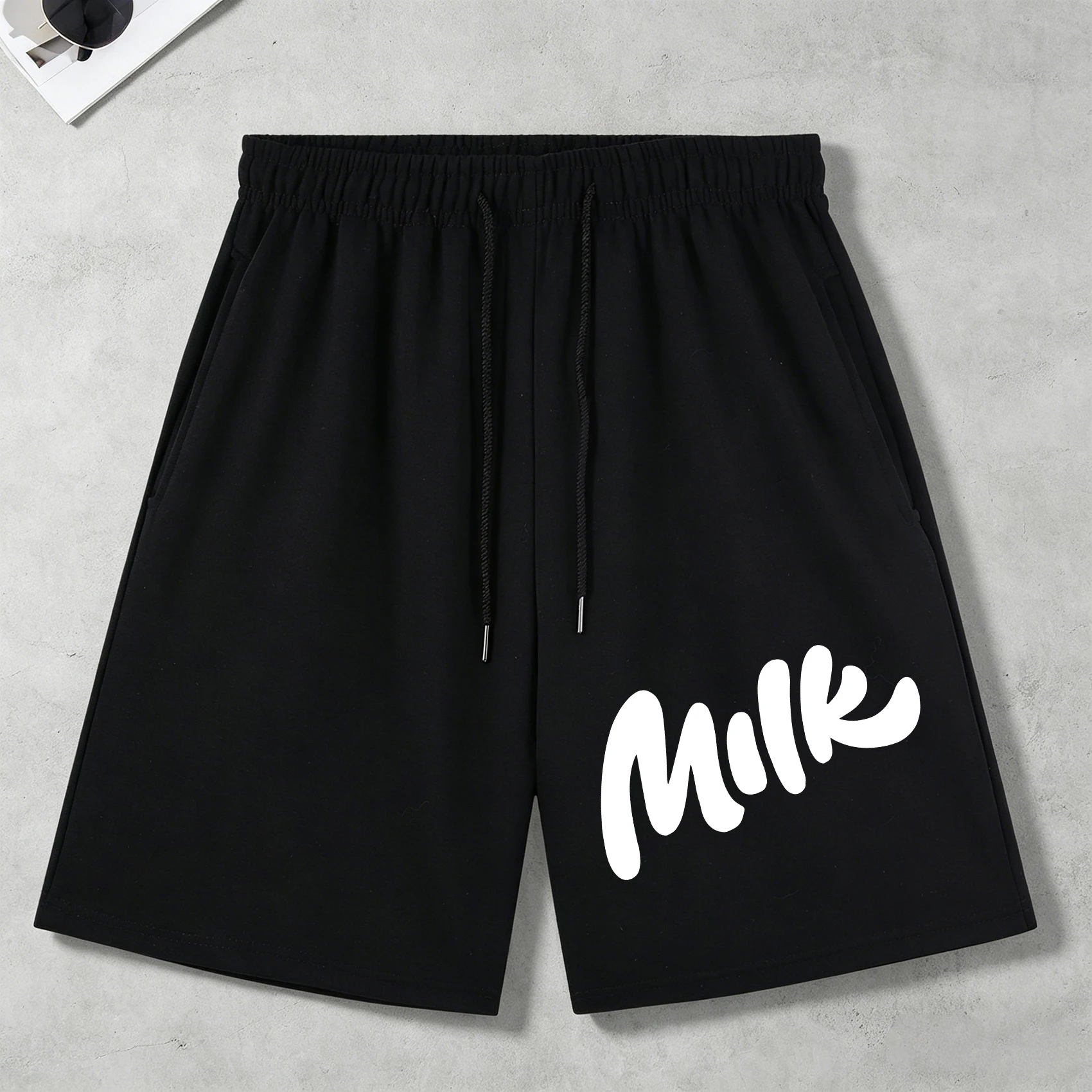 

Bold Milk In Capital Letters Prints Pocket Pants Mens Summer Drawstring Shorts Loose Wide-Leg Pants Black Unisex Retro Sportwear