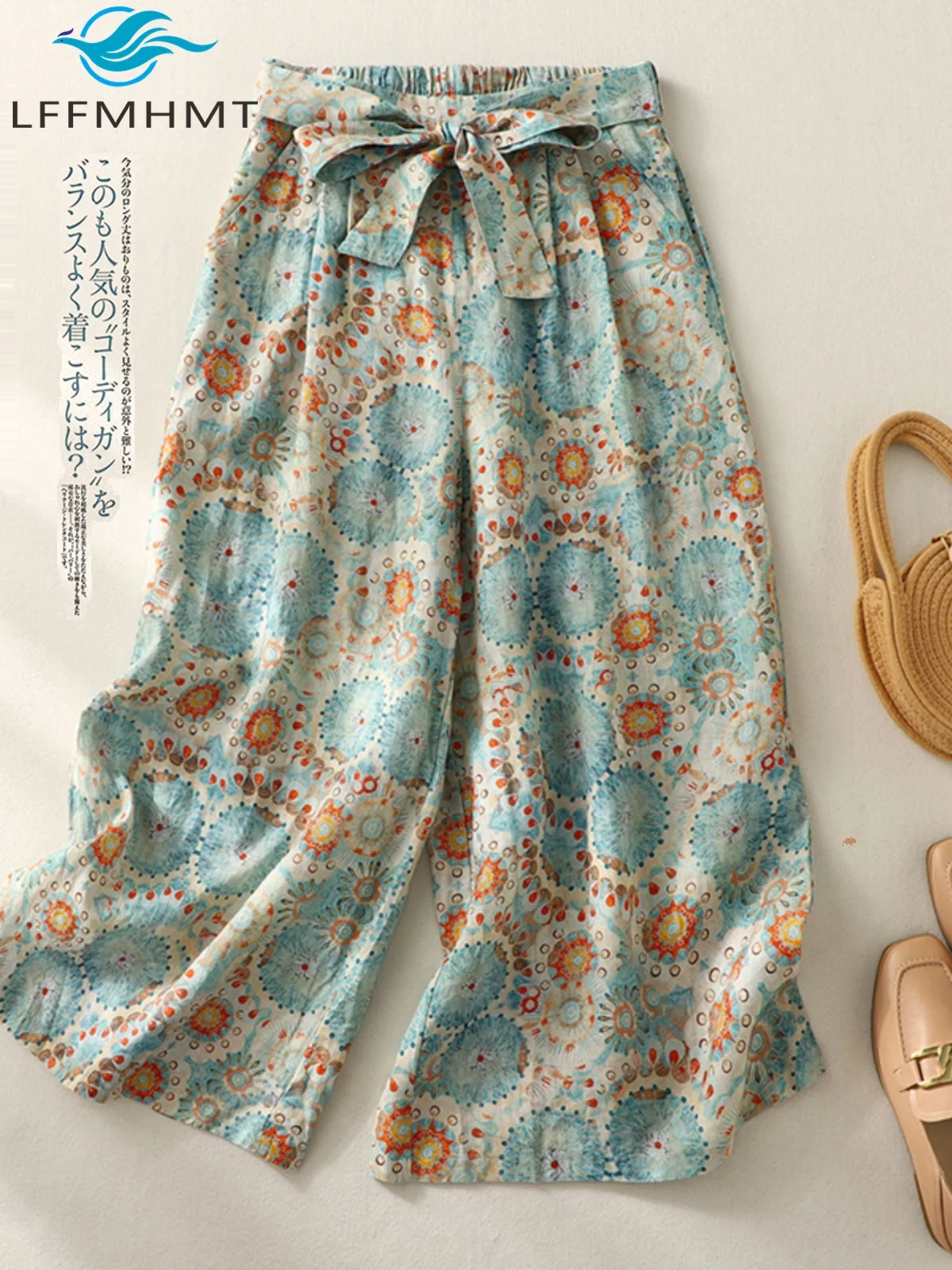 

Широкие брюки до щиколотки для женщин, летние модные льняные брюки с эластичной резинкой на талии и цветочным принтом, женские брюки