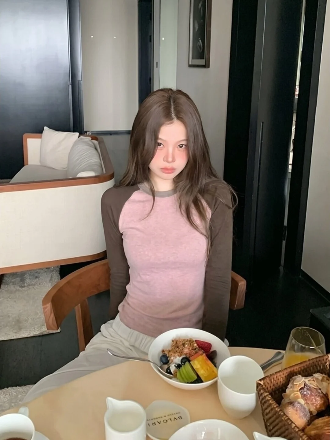 Casual Long Sleeve round Neck T-Shirt Women's Autumn Vintage Color Block Design Base Shirt Inner Wear Light Pink Brown Top