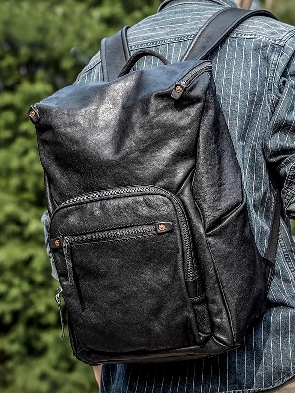 

PNDME fashion simple high-quality genuine leather men black backpack outdoor travel luxury cow leather large-capacity schoolbag