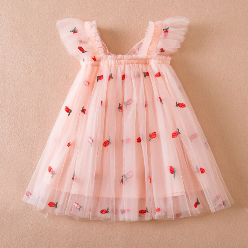 

2024 New Summer Children Girls Party Dress for Kids Flying Sleeve Solid Child Clothes Flower Girl Birthday Princess Dress 1-5Y