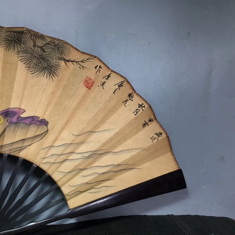 Vintage Chinese-style hand-painted sandalwood folding fan, fan face 61cm wide and 30cm long, Home Decor Style 4