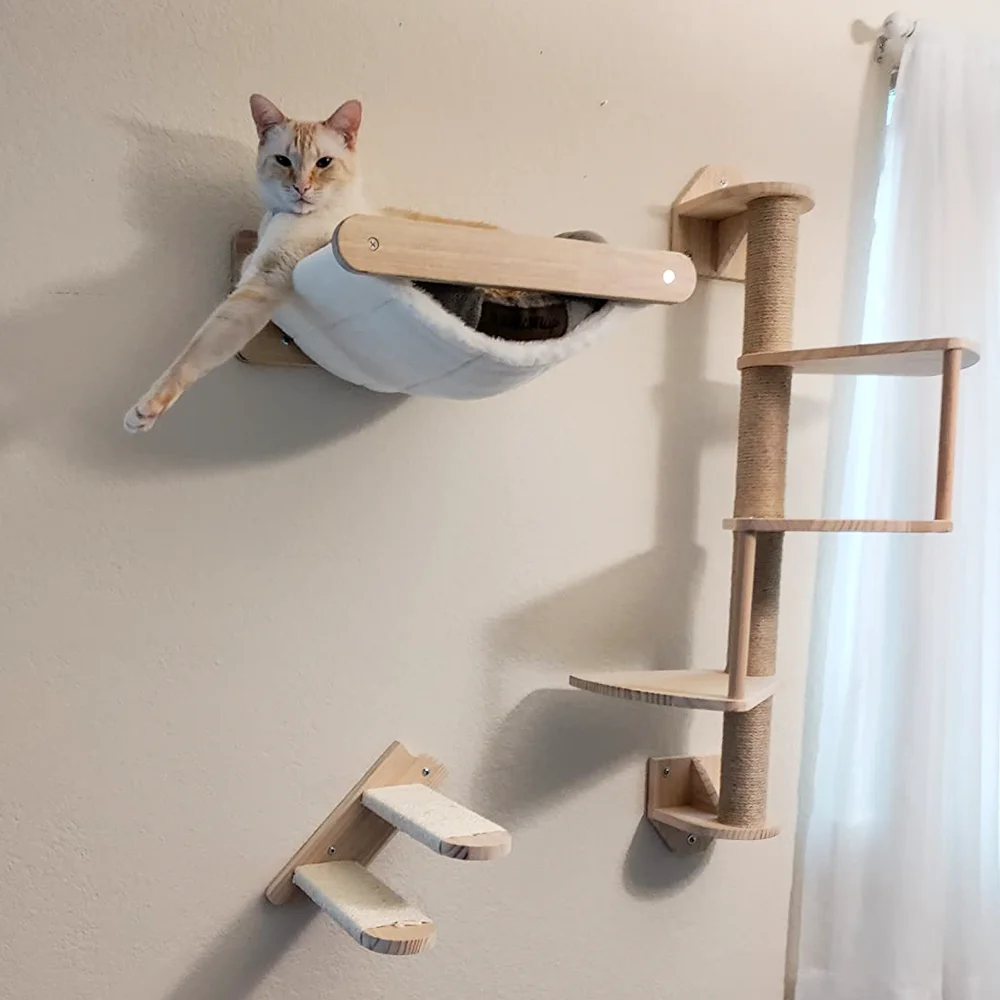 Wall Mounted Cat Climbing Shelf Steps Set Wall Furniture Stairway With Sisal Rope Scratching Post for Most Cats Kitten Sleeping