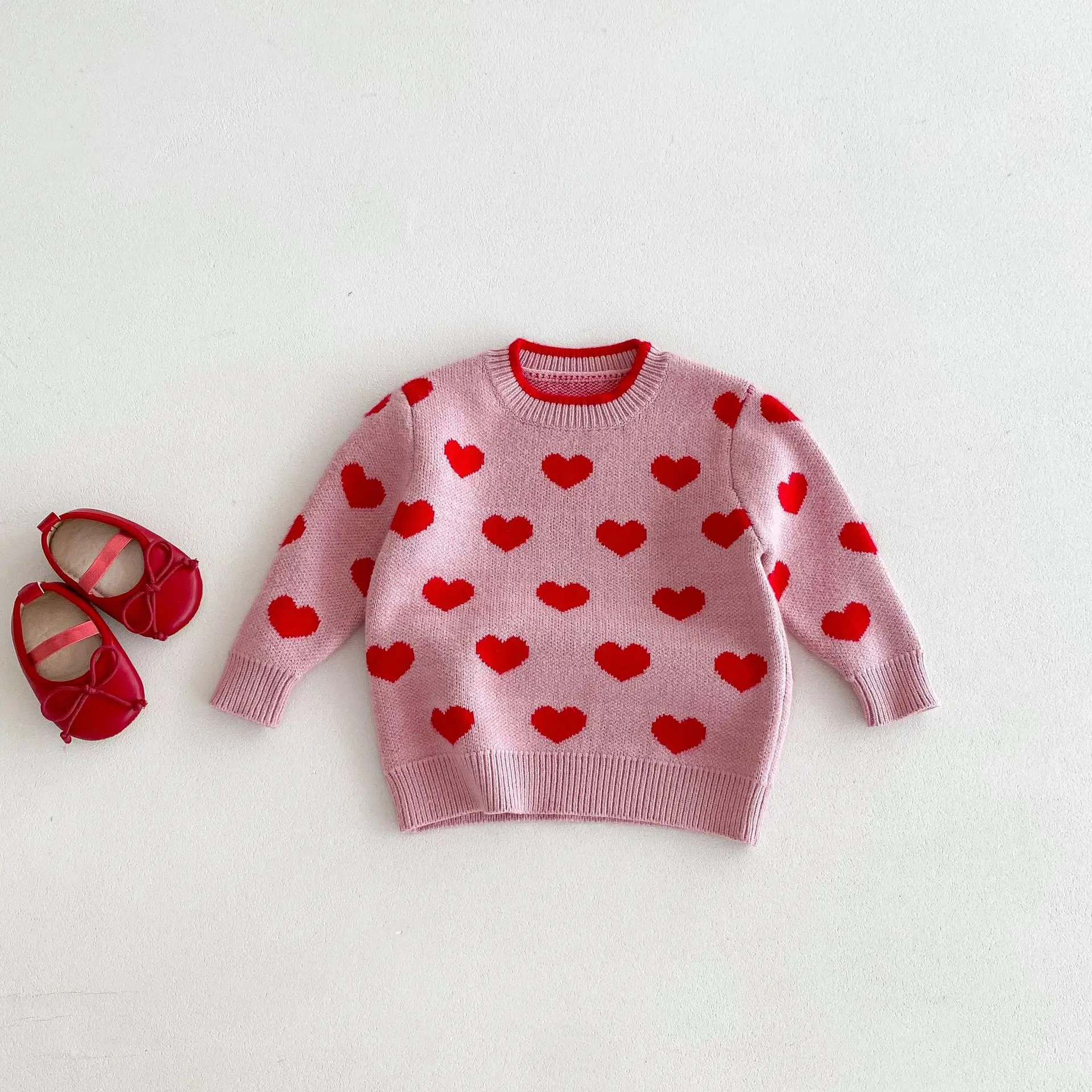 

2024 Autumn New Children Long Sleeve Sweater Baby Girls Heart Knitted Pullover Tops Versatile Knitwear Kids Casual Clothes