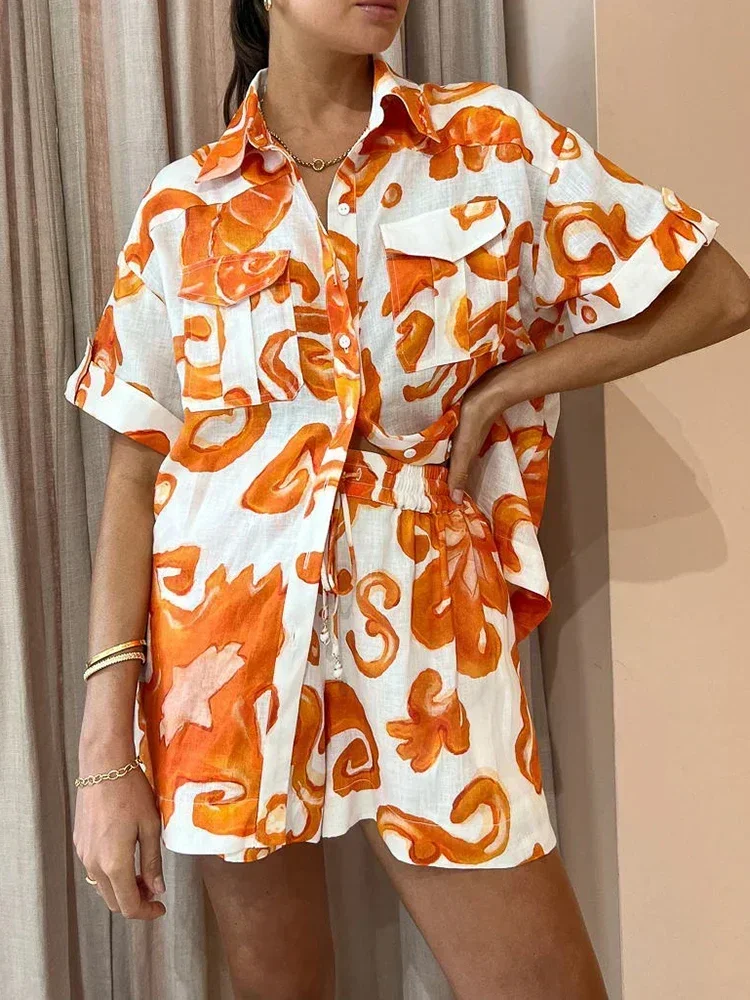 New 2024 Summer Fashion Trend Design Print Shorts Lapel Baggy Blouse Casual Suit Two Piece Sets Womens Outifits  Shorts