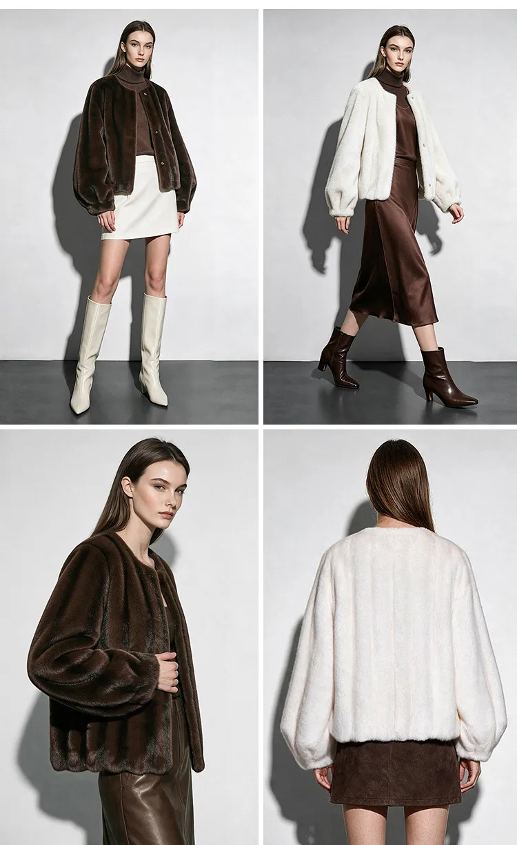 Amii Crew Neck Faux Fur Coat Lantern Sleeve Loose Fit Warm Light Luxury Minimalist 2026 Winter Women's Fur Coat 12624109