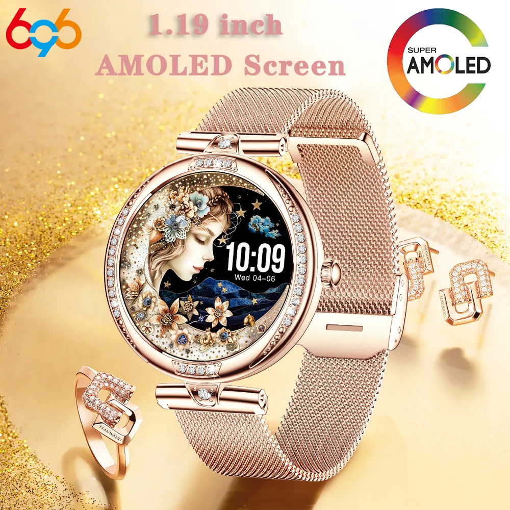 2024 블루투스 통화 레이디 스마트워치, 1.19 인치 AMOLED 스크린, 여성용 스마트 워치, 방수 스포츠 피트니스 트래커, 건강 팔찌 