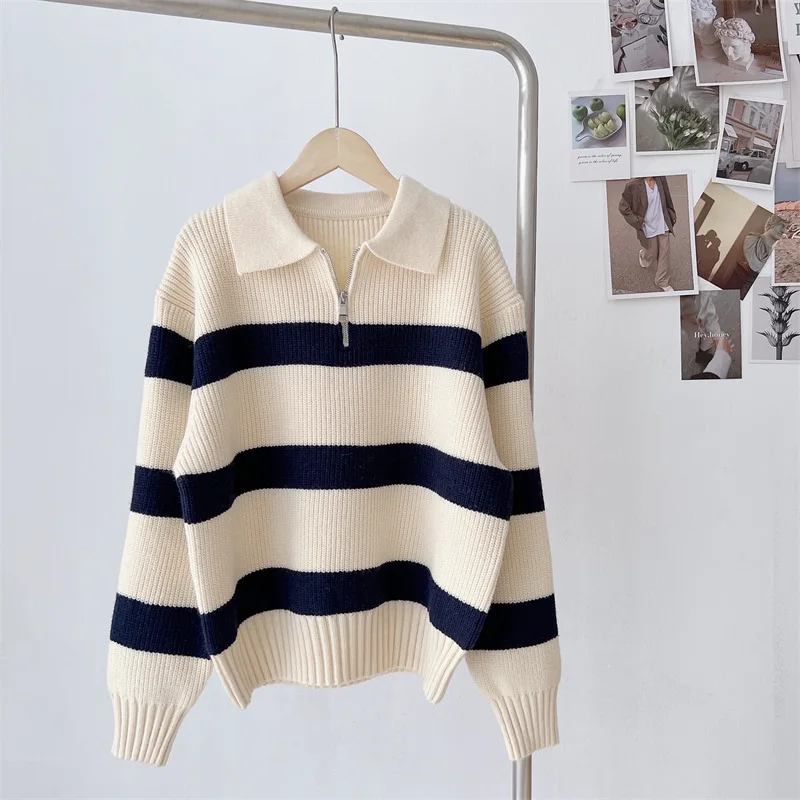 

New Striped Sweater POLO Collar Color Collision Half Open Zipper Knit Long Sleeve Jacket Vintage Design Casual Warm Pullover