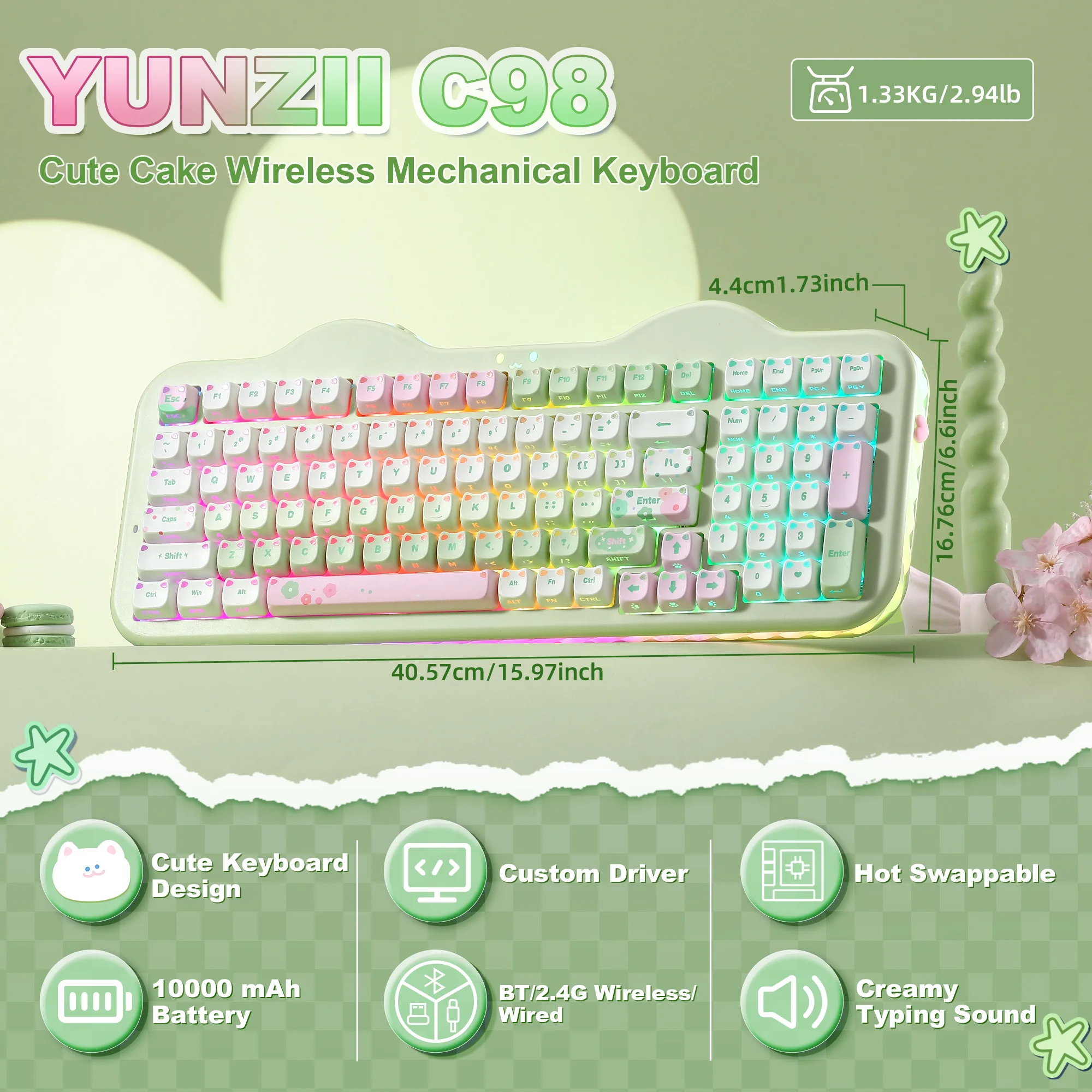 YUNZII C98 Translucent MAO Wireless Mechanical Keyboard,Cute Cat Ear Keycap,Hot Swap Custom RGB Keyboard with Numpad for Win/Mac
