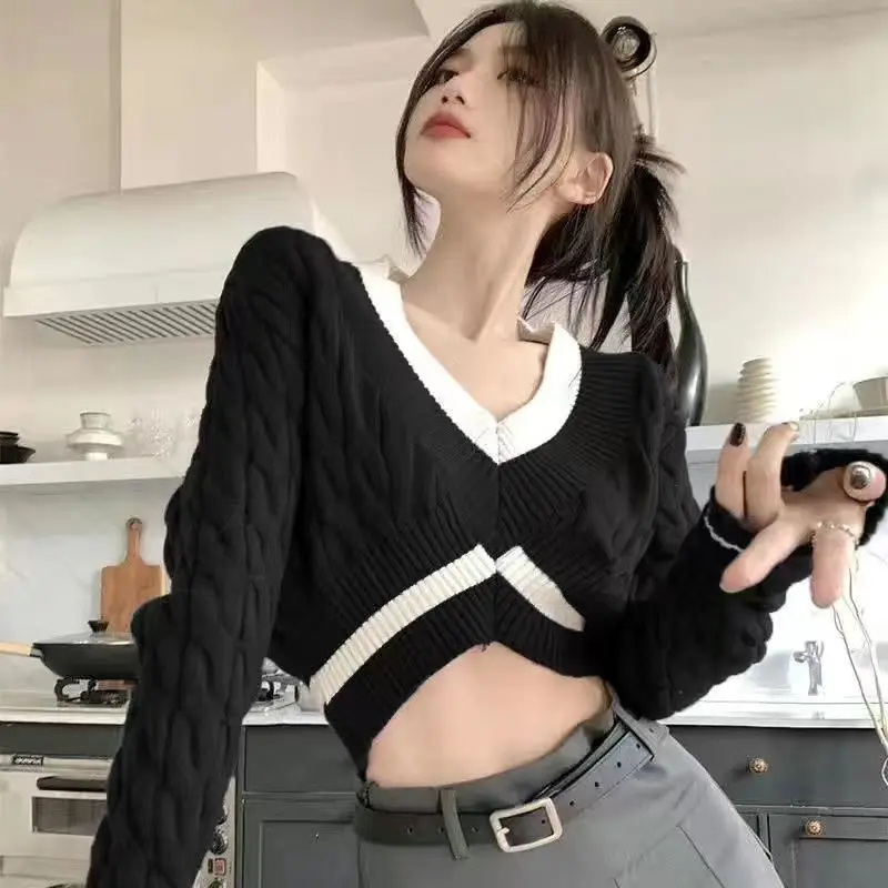 Maglione lavorato a maglia di fascia alta stile pigro per donna Nuovo top lavorato a maglia corto con scollo a V ampio e dimagrante per capispalla
