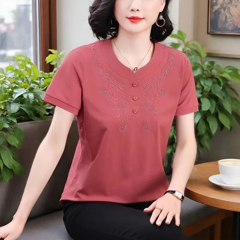 Women Embroidery Short Sleeve T Shirt Notch Neck Loose Hide Belly Elegant Tops