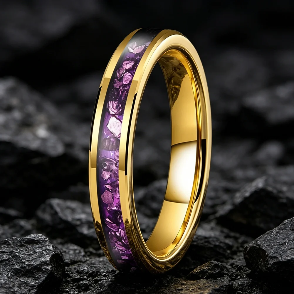4mm Wolframringe mit Lila Edelstein-Einlage, Modeschmuck, Verlobungs- und Eheringe für Männer und Frauen, Poliert Glänzend, Komfortabler Sitz – Detail 5