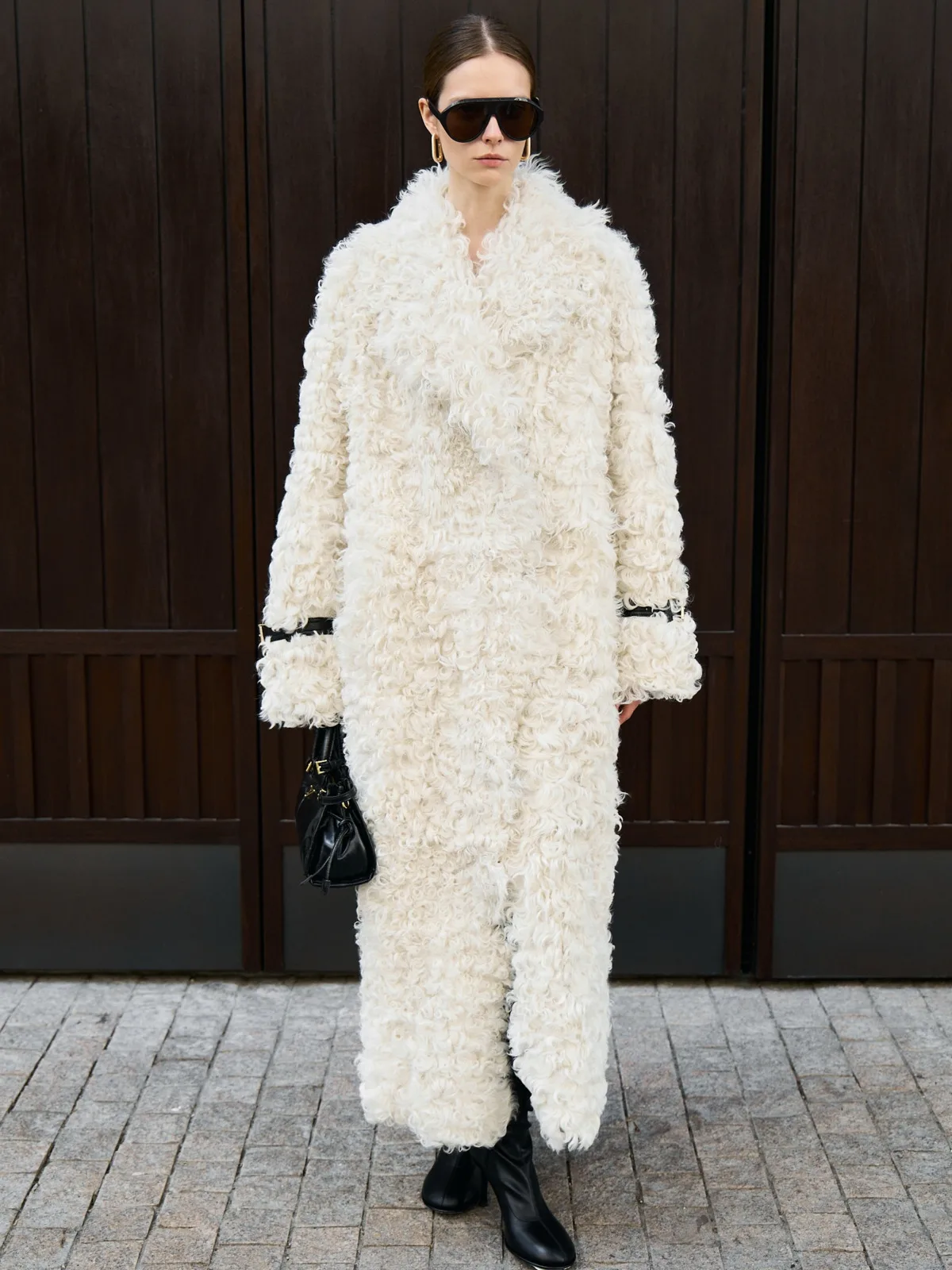 DFDG Women 2026 Long Curly Faux Fur Maxi Coat Belted Waist V Neck Warm Thick Winter Full Length Fashion Outerwear Fashion Coat