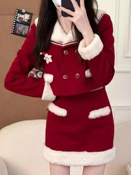 Winter Red Warm Christmas Two Piece Set Women Fur Preppy Style Sweet Skirt Suit Female Long Sleeve Vintage New Year Set 2023 New