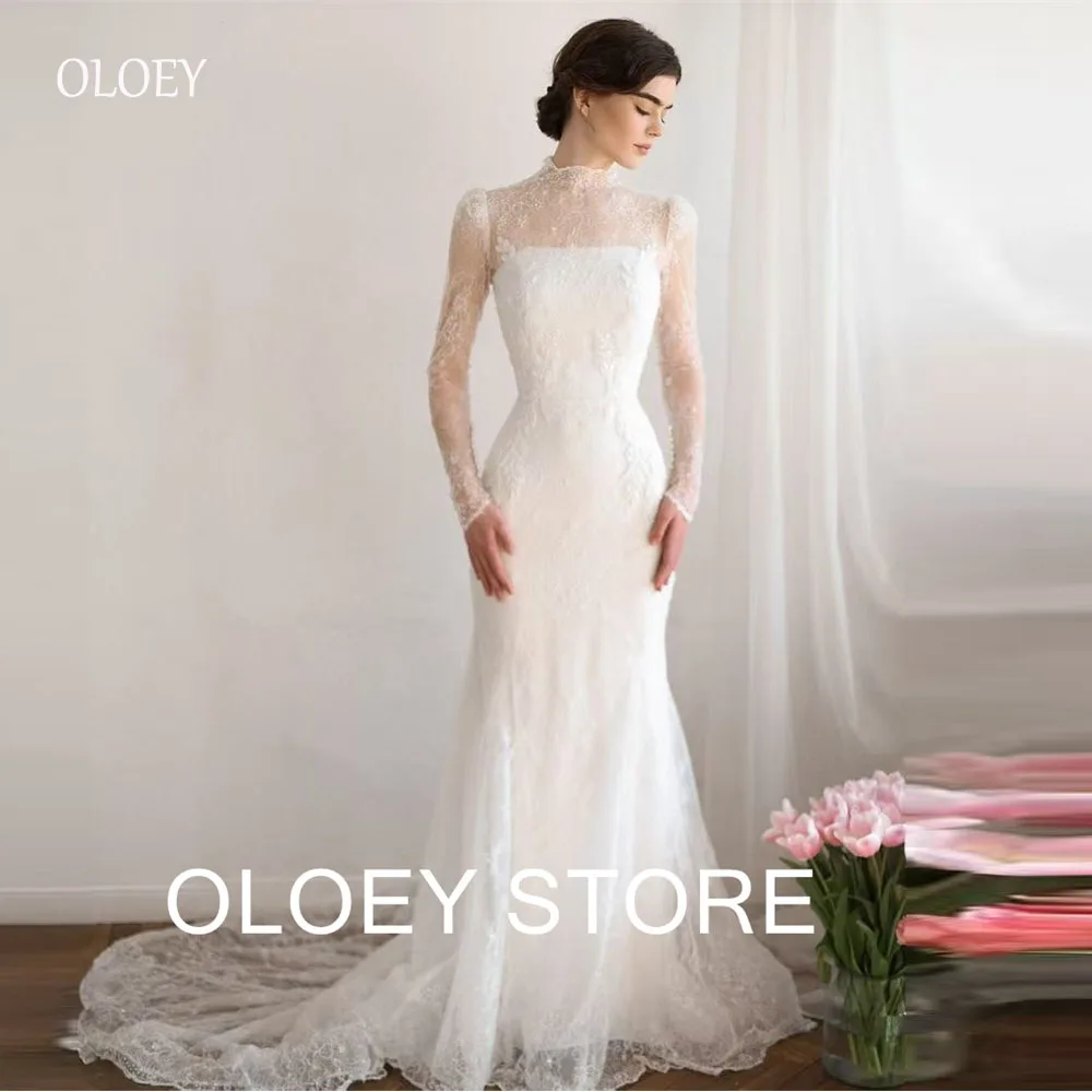 

OLOEY High Neck Long Sleeves Mermaid Wedding Dresses Arabic Dubai Arabic Vintage Modest Sweep Train Bridal Gowns Customized