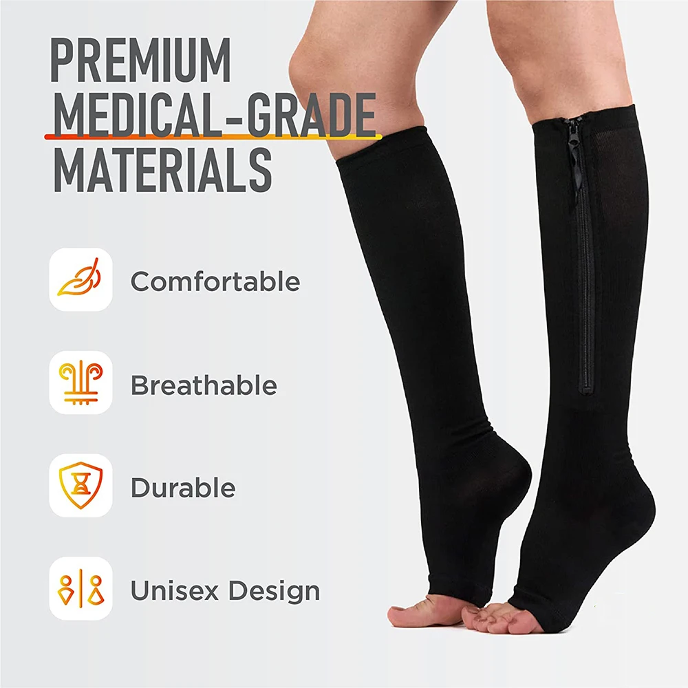 1Pair Zipper Compression Socks 15-20mmHg Guard Skin Protection & Open Toe Zippered Compression Socks for Men Women