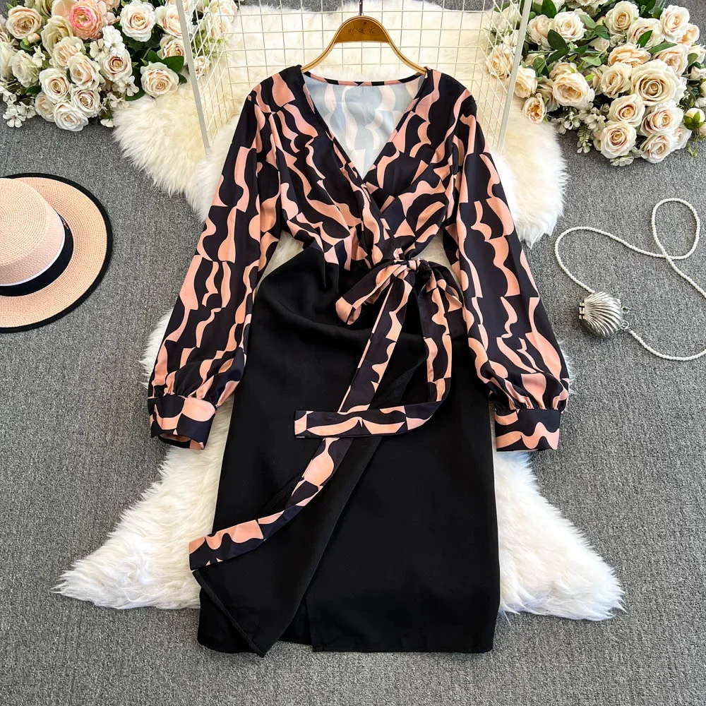 Elegant V Neck Long Sleeve Print Lace Up Patchwork Hip Wrap Dress Slim Basic Fashion Vestido Sexy Women Autumn Clothing