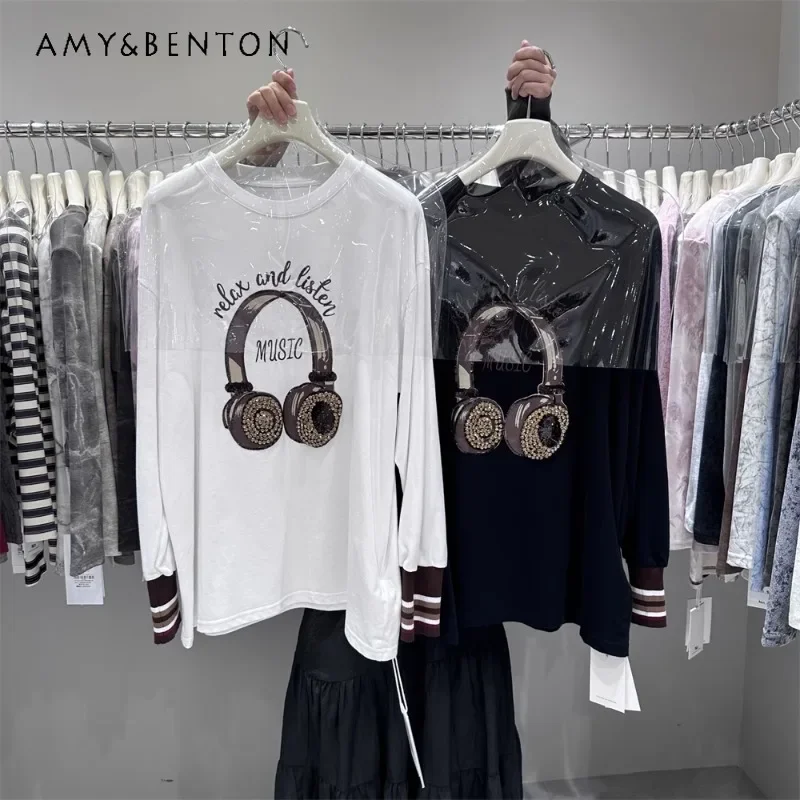 

Diamond-encrusted Earphones Bottoming Shirt Top New Autumn Loose Pure Cotton Medium And Long Oversize Long-sleeved T-shirt Women