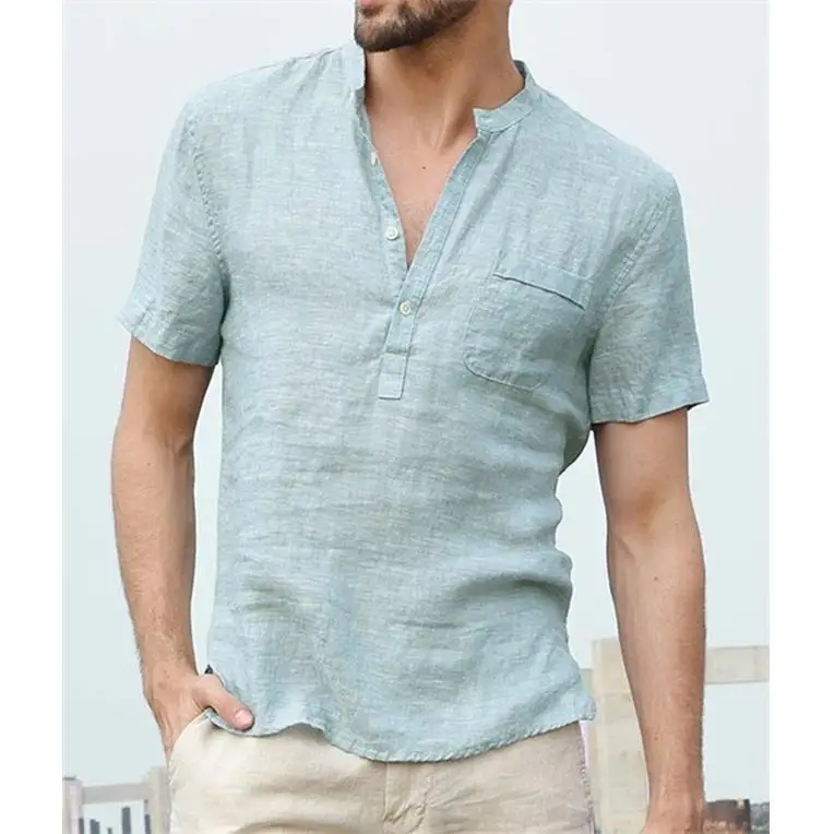 

Cotton Linen Men's Anti-Pollution irt Casual Sle ort Sve ket Design Loose Fit Summer Season Pure Color irt