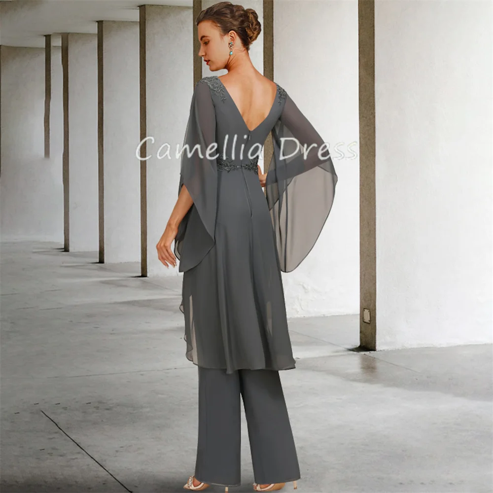 New Jewel Neck Mother Of The Bride Dress Jumpsuit Chiffon with Ruffles Appliques Formal Dresses Vestidos Mae Da Noiva Casamentos