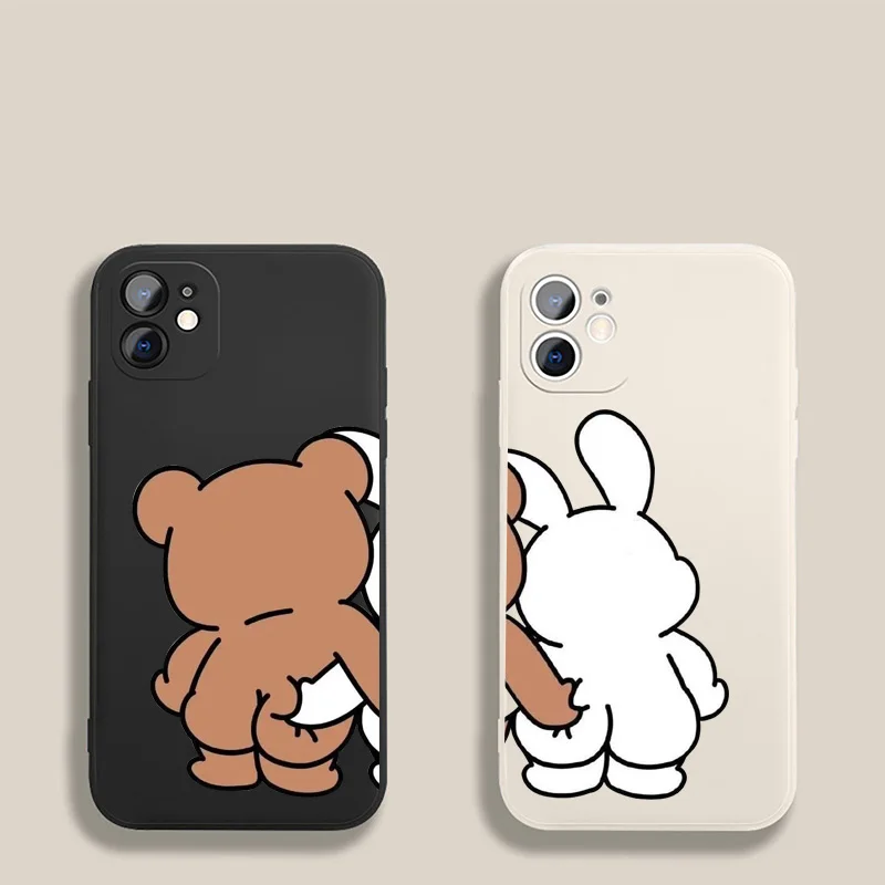 Cute Rabbit Bear Couple Paired Phone Case For iPhone 14 13 12 11 15 Pro XS Max Plus Mini SE X XR Soft Lovers Cover Fundas Coques