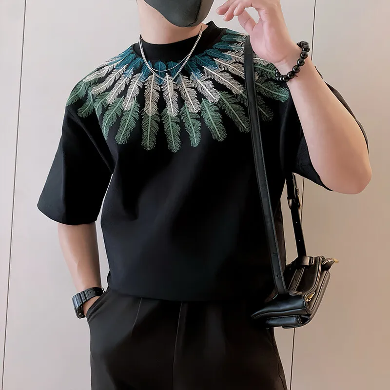 

2025 Vintage Embroidered Short Sleeved T-shirt Men Round Neck Loose Casual T-shirts Social Street Wear Harajuku Hip Hop Tee Tops
