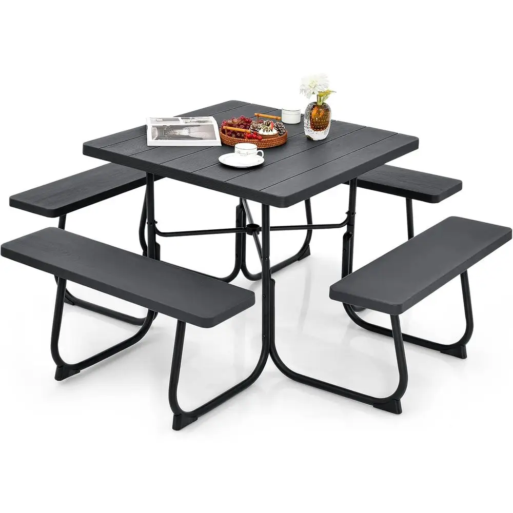 8 Person Picnic Table, Outdoor Square Picnic Table with 4 Built-in Benches, Umbrella Hole, Metal e & HDPE Tabletop, Outside Tabl