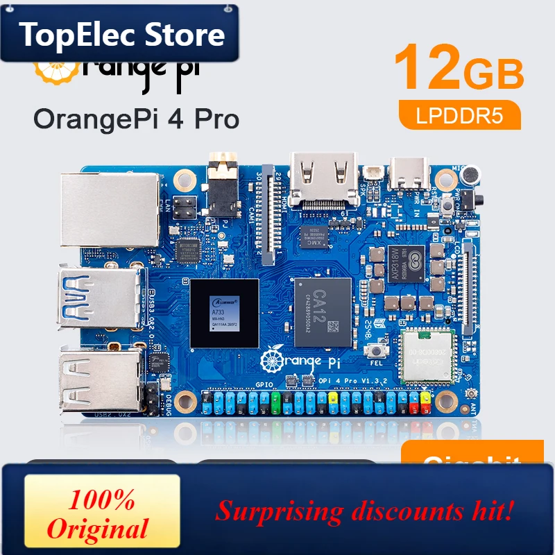 TopElec Orange Pi 4 Pro 12GB RAM DDR5 Allwinner A733 Mini PC WiFi6+Bluetooth M.2 PCIE SSD Dual MIPI-CSI 3TOPS NPU Single Board C