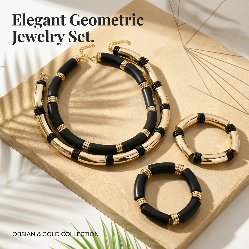 Gold Layered Collar Necklace Black Chunky Tube Choker Matching Bamboo Bangle Bracelet Set Bold Minimalist Statement Jewelry