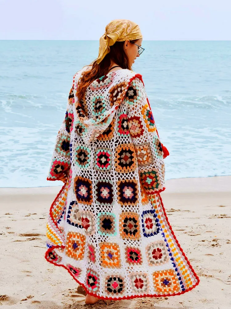 GypsyLady-ręcznie robiony, rozpinany sweter w stylu Vintage, szydełkowy, wielokolorowy, z kapturem, zimowy, długi sweter wierzchni