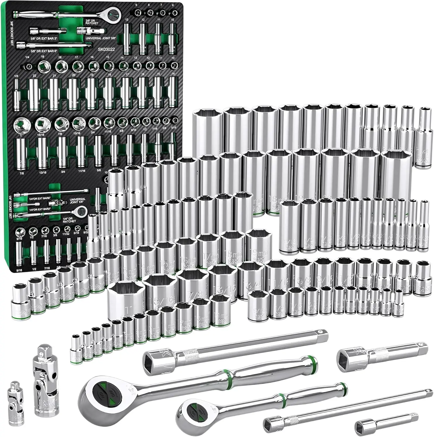 

SK 1/4" 3/8" Drive Socket Set 160-P Ratchet 105-Piece SAE Metric SuperKrome Finish Premium CR-V Construction EVA Foam Organizer