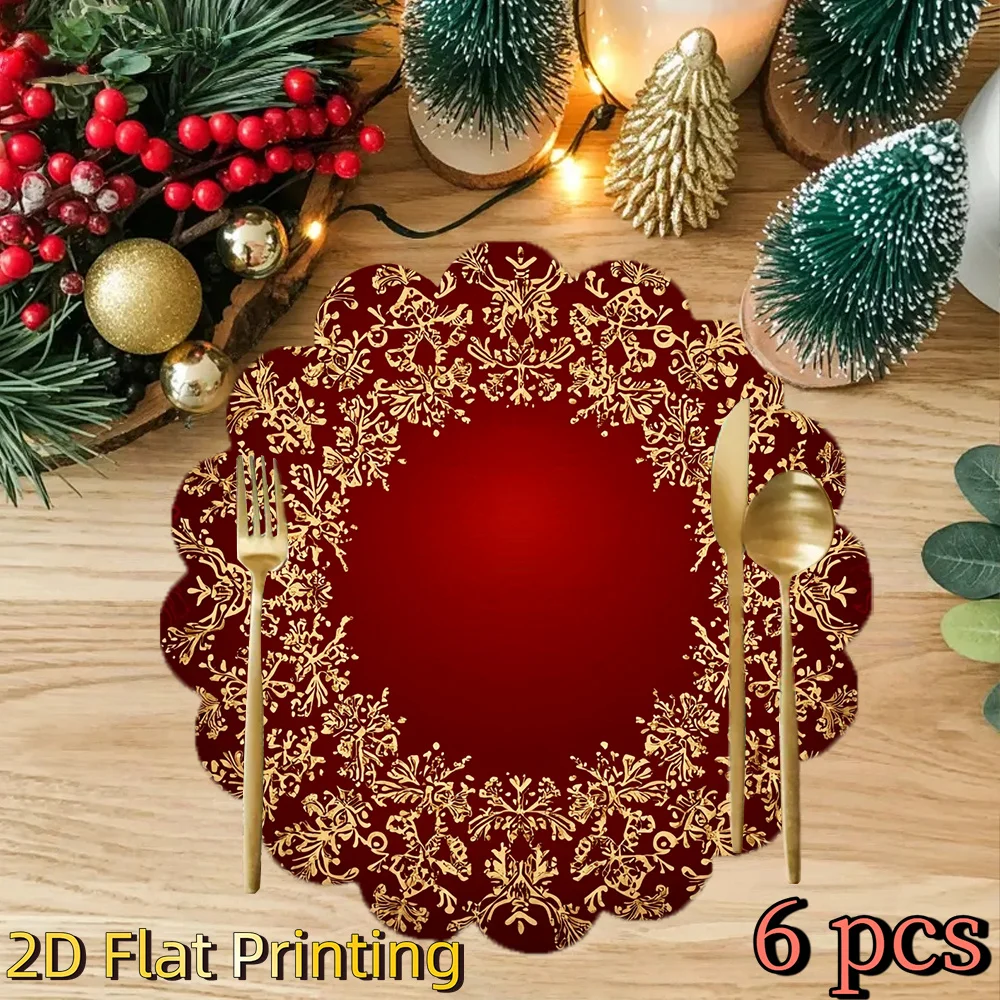 VIKAMA Christmas Round Placemats Set of 6 Burgundy Gold Damask Dinner Mats Elegant Holiday Decor Heat Resistant Washable