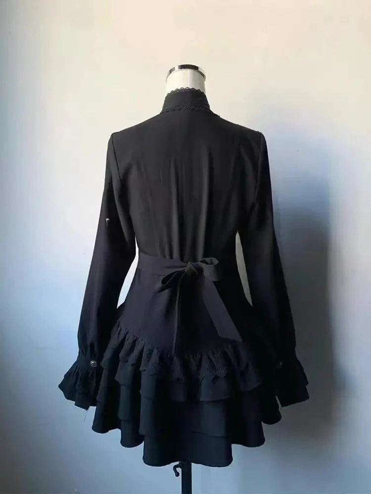 2025 Mini abito a maniche lunghe con bottoni in pizzo Y2k Abito con lacci stile gotico vintage Donna High Street Gonna corta sottile Lolita nera