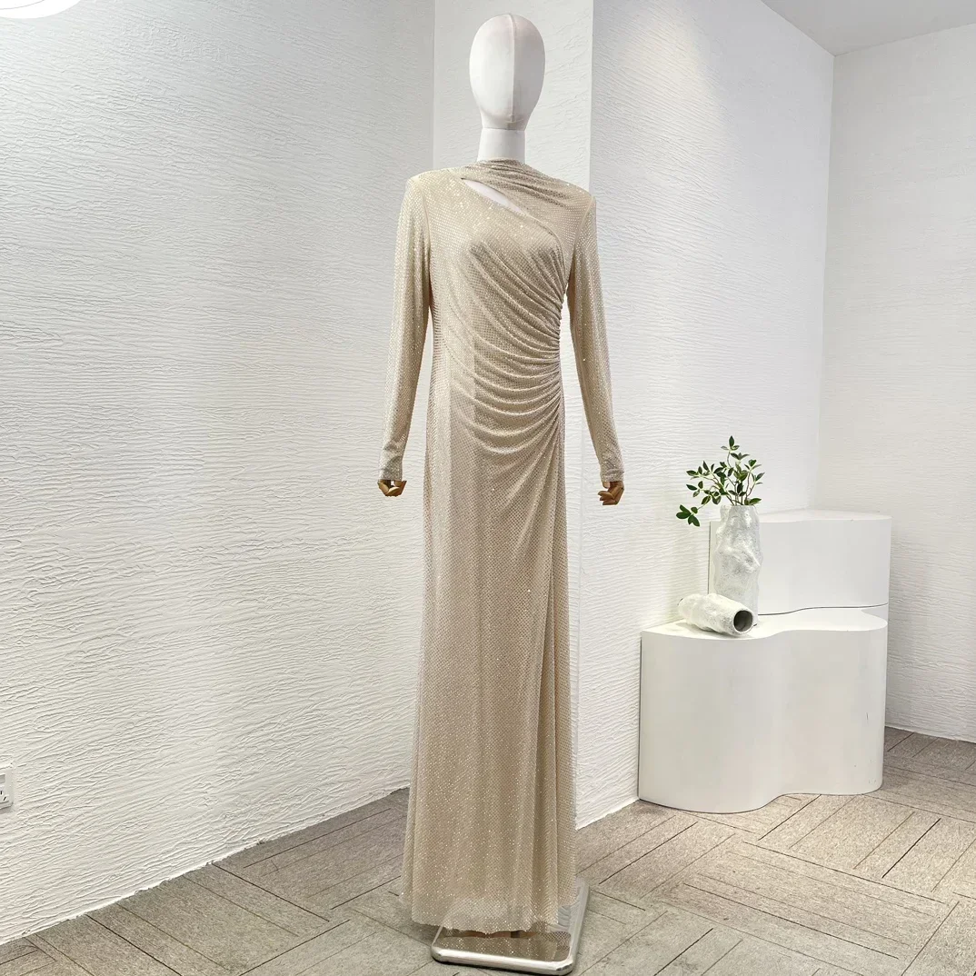 New Collection Elegnat 2024 Top Quality Golden Long Sleeve Diamonds Pressed Cut Out Pleats Women Luxury Maxi Dress for Party