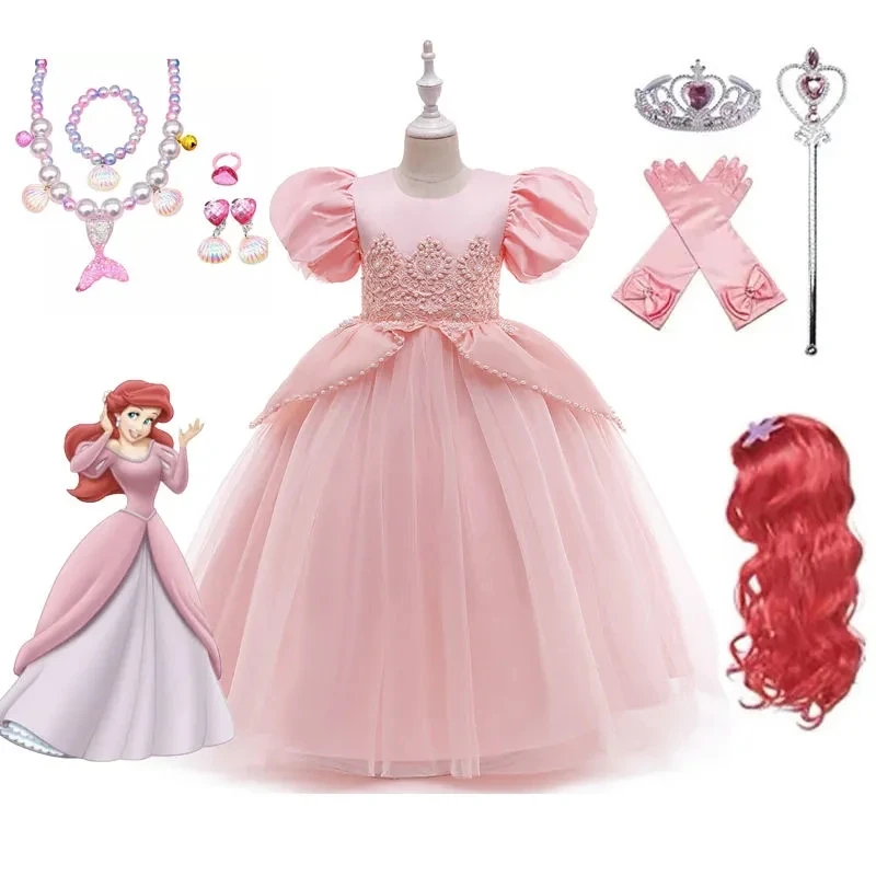 little girls kid princess ariel Mermaid pink Summer dress elegant for baby girl Birthday Party Holiday Halloween cosplay Costume