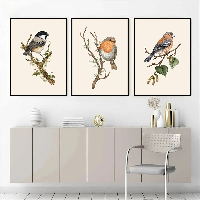 Retro Animal Garden Snail Goldfinch Mouse on Hawthorn Birds Branches Art Poster Canvas Painting And Prints HD Picture Home Decor