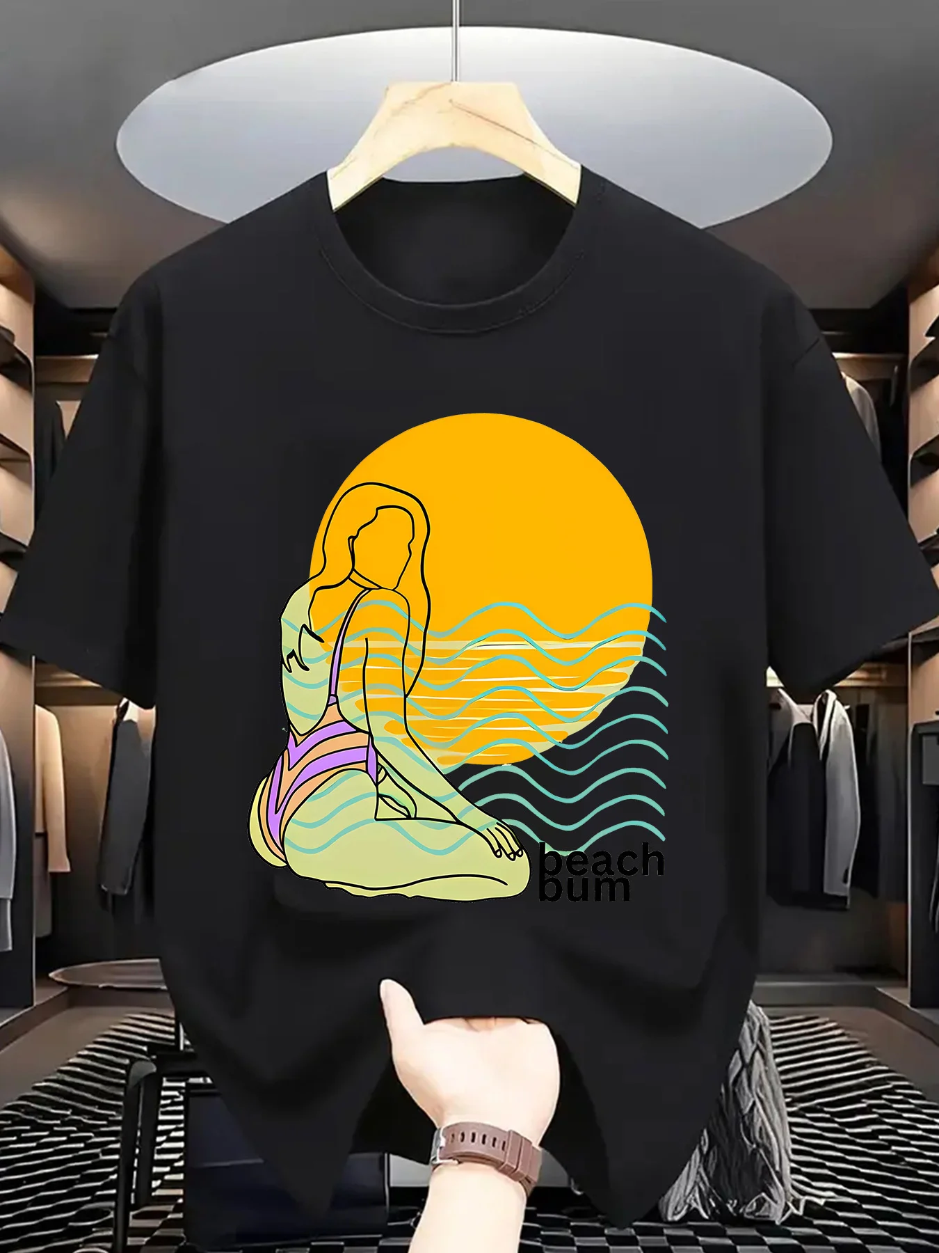 

Мужская футболка из чистого хлопка с короткими рукавами и принтом, пляжная дышащая футболка с рисунком для лета, круглая пляжная рубашка