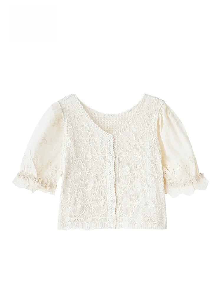 

Romantic Sle Lace Hollow out irt Women's Bubble Sve Button up Top GOFAR Sketch Outlined Ele Loose Fit Cotton Polye...