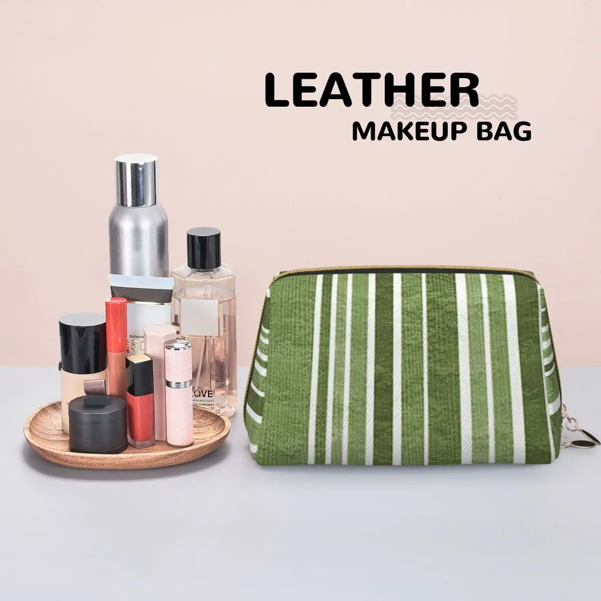 Vertical Green Stripes Women Cosmetic Bag Travel Makeup Organizer Pouch Toiletry Storage Dopp Kit Box