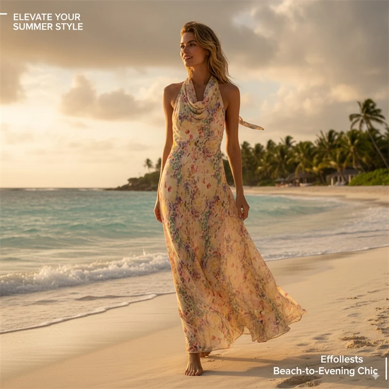 

Elegant Floral Print Backless Halter Neck Dress – Effortless Beach-to-Evening Chic