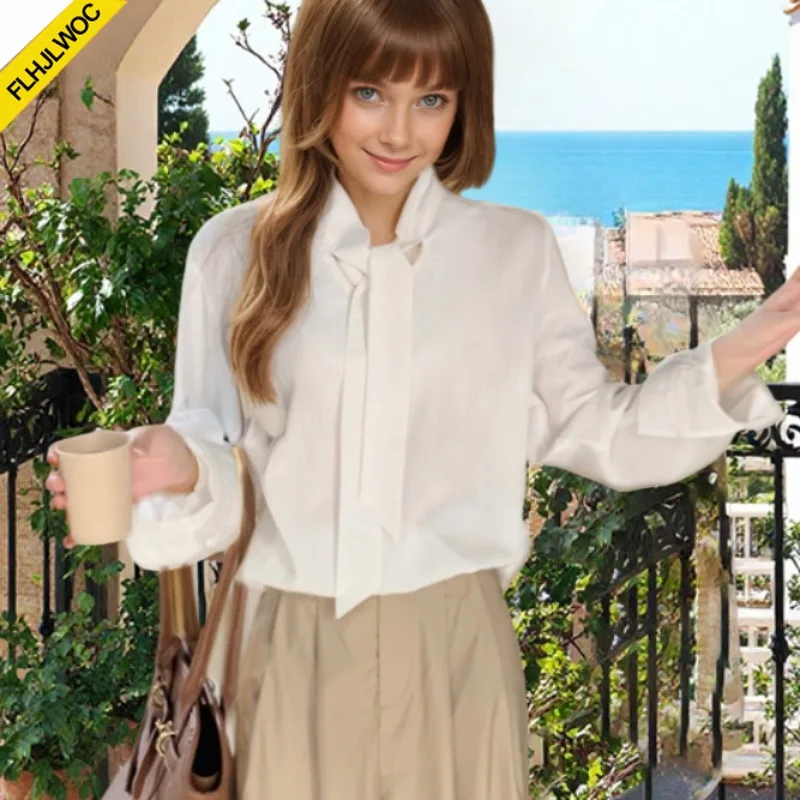 

Розовый галстук-бабочка, женские топы в корейском стиле, дизайнерская одежда с расклешенными рукавами, элегантные офисные женские милые рубашки с лентой, милые базовые рубашки, блузки