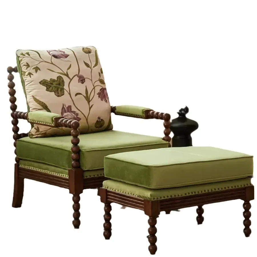 

French retro chief chair, solid wood fabric single, sofa living room balcony, American lazy recliner