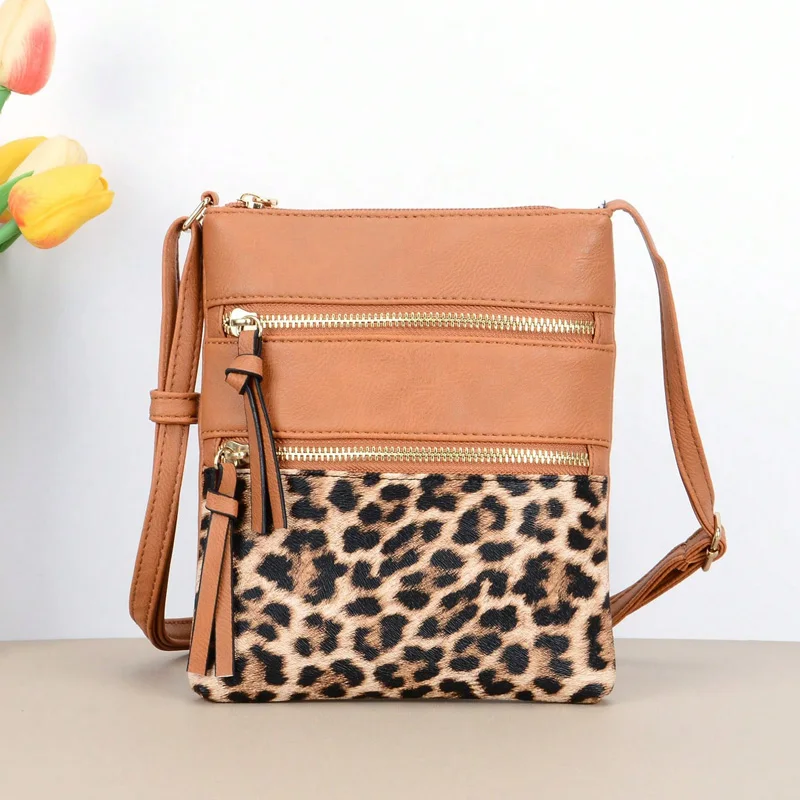 Double Zipper Leopard Pattern Crossbody Bags For Women, Small Square Shoulder Bag Ladies Handbags Designer Phone Pocket