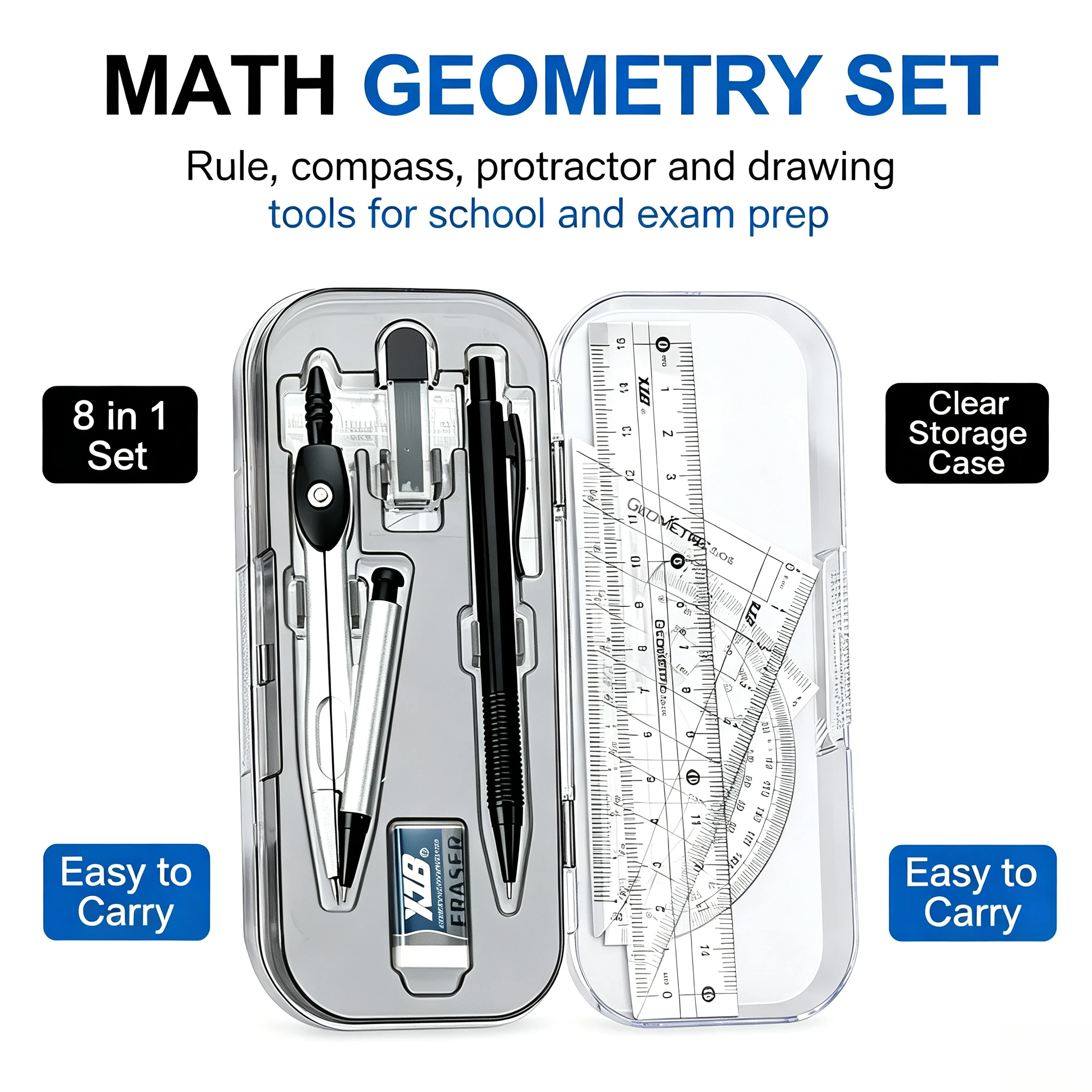8‑in‑1 Math Geometry Tool Kit, Compass Ruler Protractor Mathematical Drawing Set, Back‑to‑School Essential Student Stationery