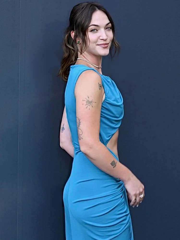 Vestido de noite azul turquesa com corte sexy PB – vestido maxi drapeado sem mangas com detalhes franzidos elegantes novos vestidos de festa 2025