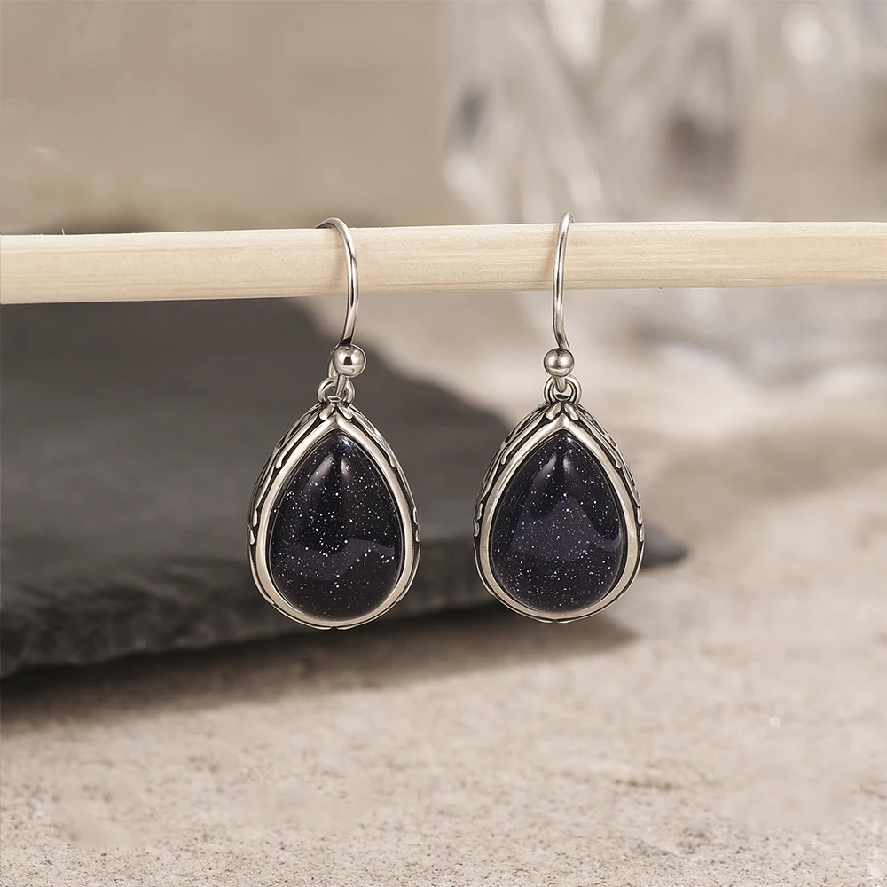 

Vintage 925 Sterling Silver Drop Earrings With Natural Stone Blusand Stone Waterdrop Shape Earrings Fine Jewelry Gifts For Women