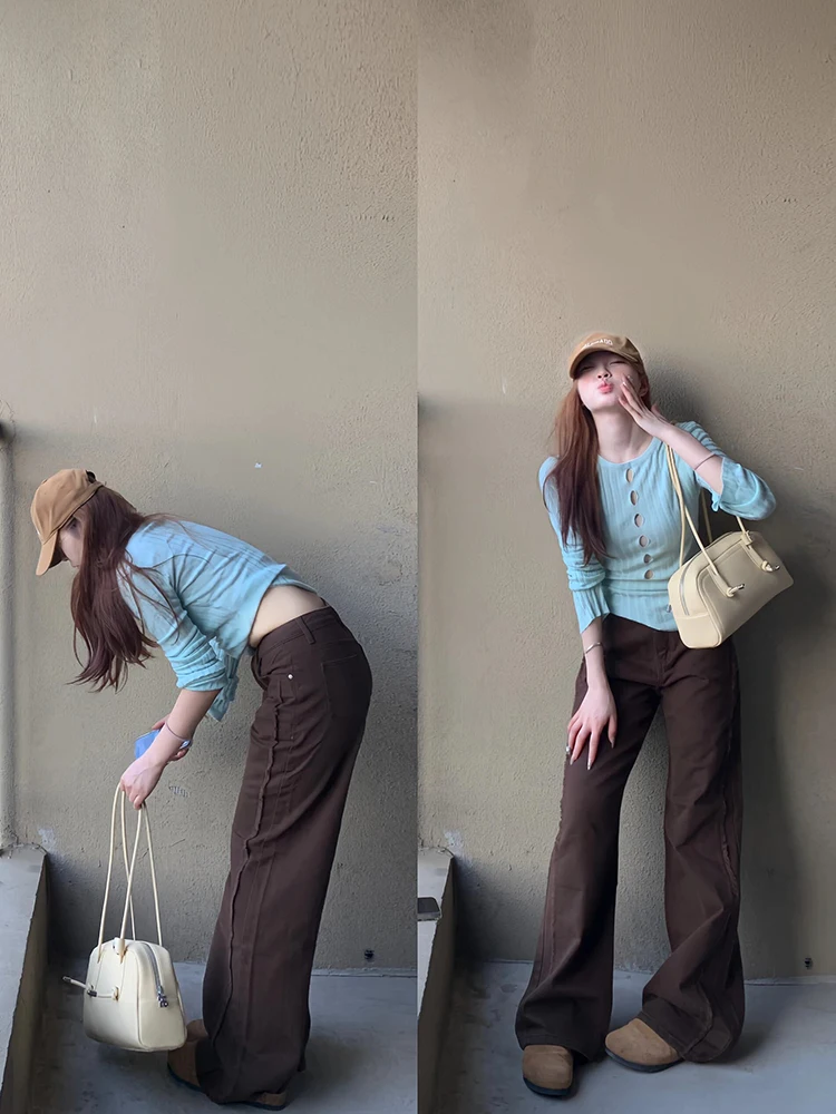 

Slimming Straight Leg Brown Denim Jeans Low Waist Wide Leg Flared Pants Women's New Style Loose Fit Comfortable Autumn Jeans