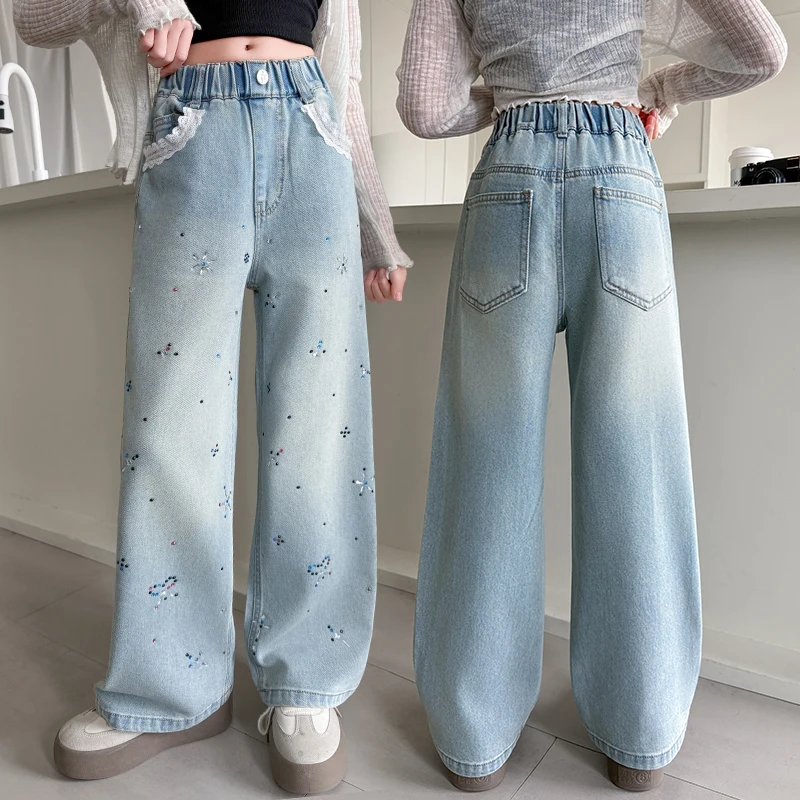 

Spring Autumn Style Kids Fashion Jeans with Rhinestones for Tween Girls Casual Colored Crystal Denim Pants Child Street Trousers